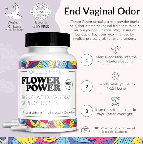 Flower Power Vegan Boric Acid Suppositories - 30 Capsules - 600mg for Vaginal Odor and pH Balance Flower Power Au supplements