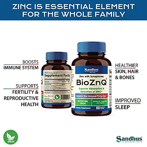 Sandhu's BioZnq 900mg Vegetarian Capsules Zinc Supplement with Quercetin Sandhu's Au supplements