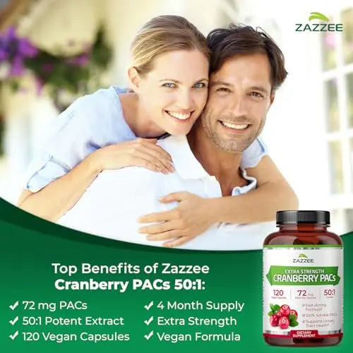 Zazzee Cranberry PACs, 72 mg PACs per Capsule, 2X Strength, 100% Soluble, 120 Vegan Capsules, 50:1 Extract, 18,200 mg Strength, Fast-Acting, Effective Urinary Tract Support, Made in The USA Zazzee Au supplements