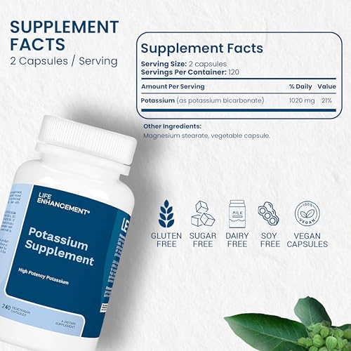 Life Enhancement High Potency 1020 mg Potassium Supplement for Muscle, Brain & Bone Health - No Additives High Absorption Elemental Potassium Supplement