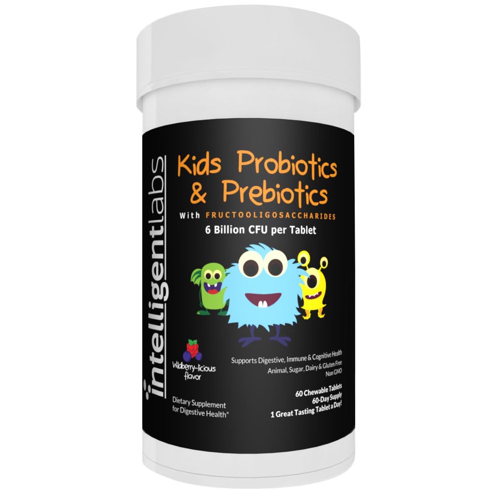 Intelligent Labs Kids/Children Probiotics 6 Billion CFU with Prebiotics, PHGG & FOS, Once-Daily Chewable, Great Taste, 10x Effectiveness