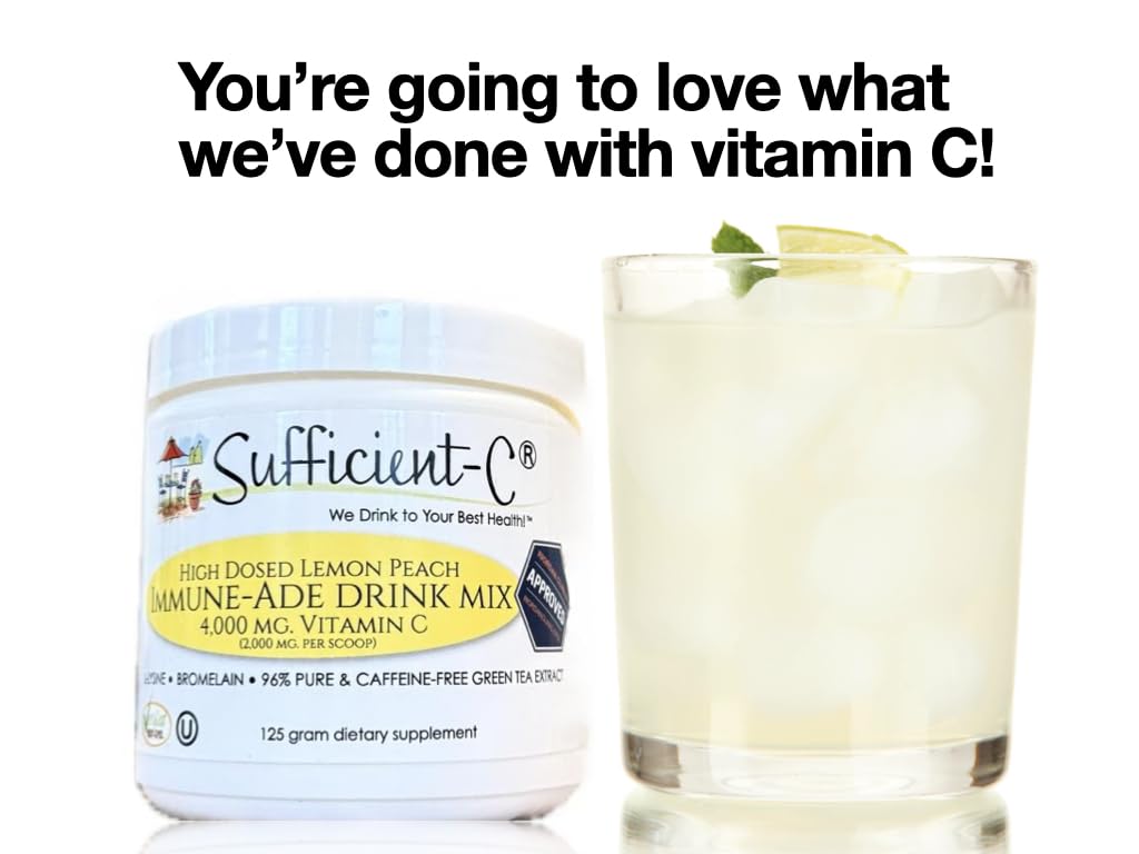 Sufficient-C High Dose Non-GMO Vitamin C Lemon Peach Immune-Ade Drink Mix, Convenient 125 Gram Size w/L-lysine, Bromelain & a Premium 96% Pure Green Tea Extract
