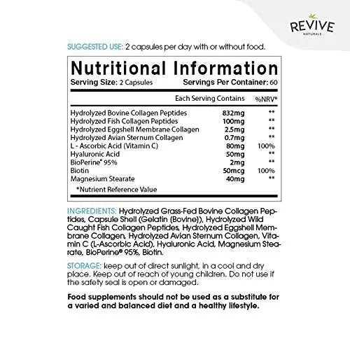 Multi Collagen Protein Capsules - Types I, II, III, V & X - Hydrolysed Grass Fed Bovine, Wild Caught Marine Revive Naturals Au supplements