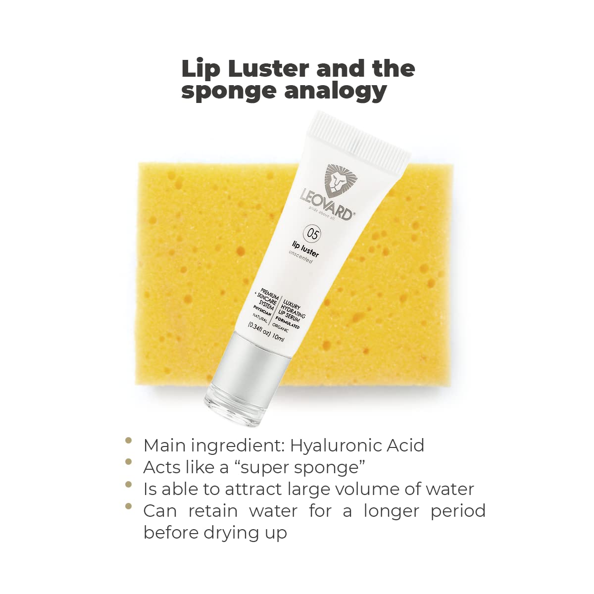Leovard Lip Luster Hyaluronic Acid Lip Balm Hydrating Lip Serum - Organic Natural Lip Hydrating Treatment, Moisturizing Lip Serum