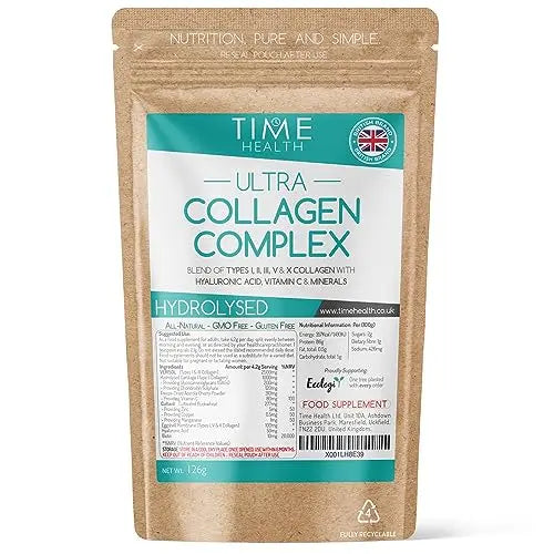 Ultra Collagen Complex - 126g Powder - Hydrolysed - Types I, II, III, V & X Collagen Time Health Au supplements