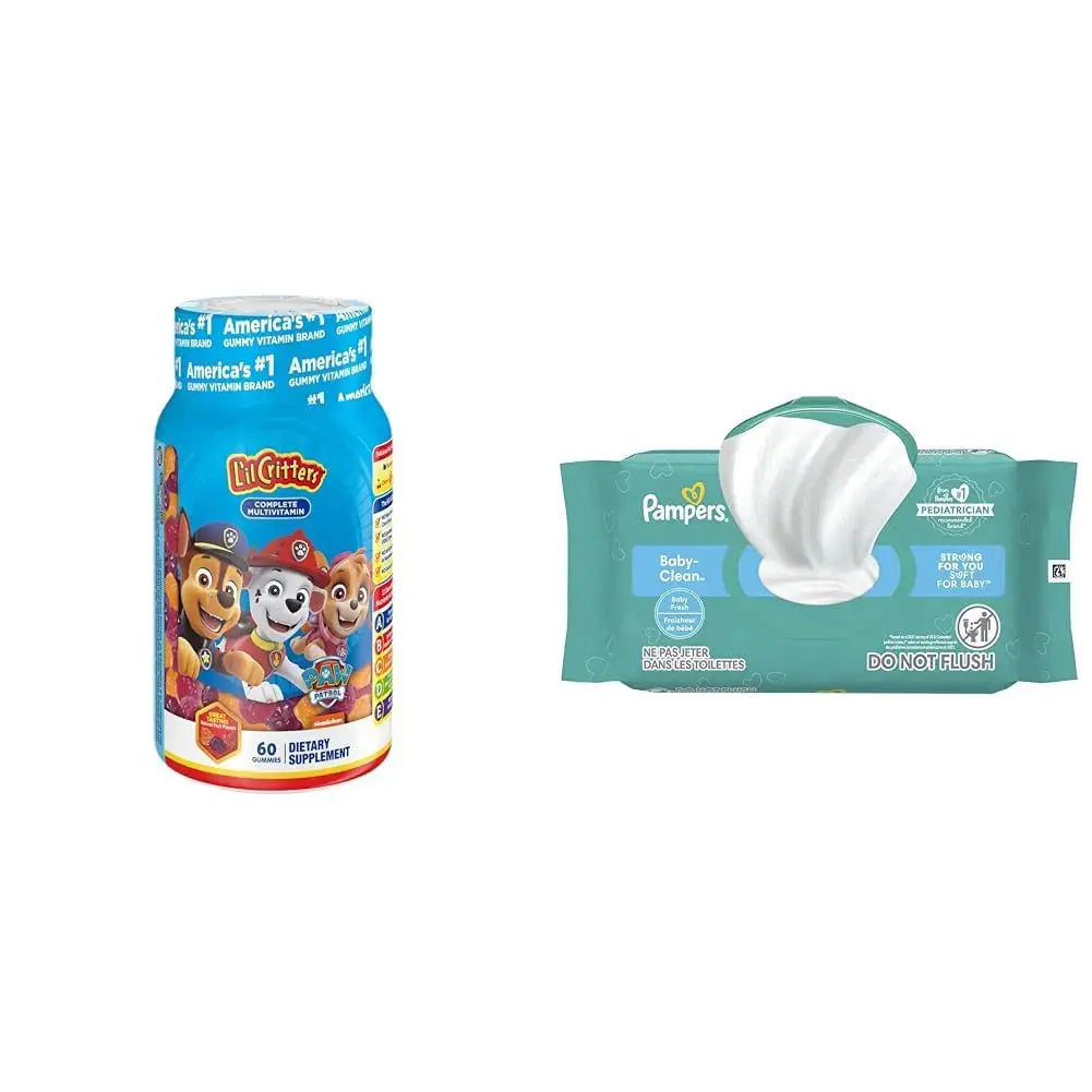 L'il Critters Paw Patrol Gummy Vites Daily Gummy Multivitamin for Kids, 60 Gummies and Pampers Baby Clean Wipes, 1 Flip-Top Pack (72 Wipes) Lil Critters Au supplements
