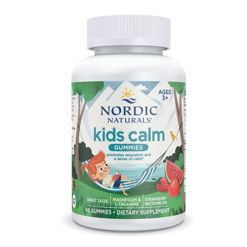 Nordic Naturals Kids Calm Gummies - Strawberry Watermelon - 60 Gummies - Magnesium L-Theanine Supplement - Calming for Kids