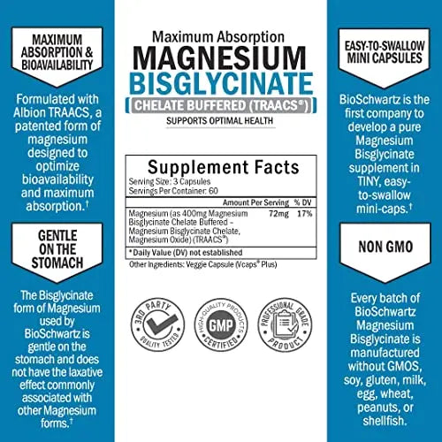 Magnesium Bisglycinate 100% Chelate No-Laxative Effect - Maximum Absorption BioSchwartz Au supplements