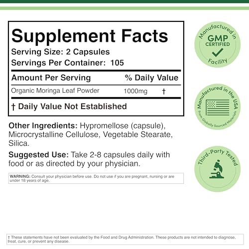 DWS Organic Moringa Capsules 1000mg - Pure Moringa Powder for Energy & Immune Support - Green Superfood Rich in Antioxidants