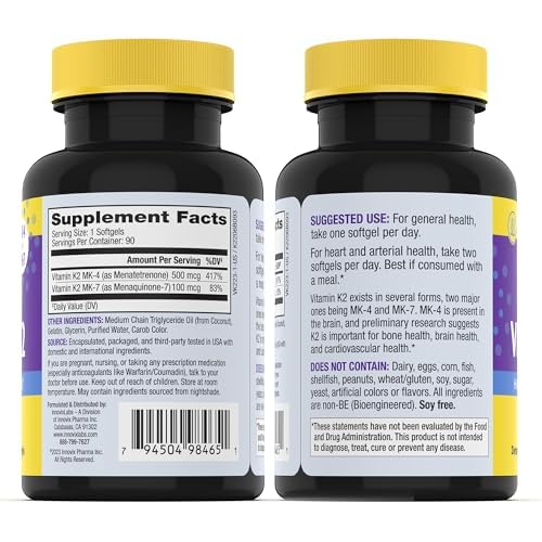 InnovixLabs Full Spectrum Vitamin K2-90 Softgels with 600 mcg of Trans Form MK7 and MK4 - Supports General Health and Bone Strength