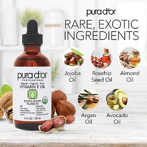 PURA D'OR 4 Oz ORGANIC Vitamin E Oil Blend 70,000 IU - 100% Natural Hexane Free, Sweet Almond PURA D'OR Au supplements