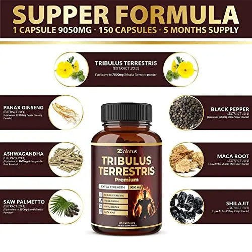 Tribulus Terrestris Supplement for Men & Women, 9050mg Per Capsule, 5-Month Supply Zolotus Au supplements