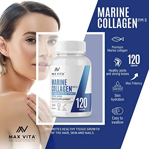 Marine Collagen Type 1 2400mg - 120 Capsules Supplement with Hyaluronic Acid and Vitamin C MAX VITA MAXIMUM VITALITY Au supplements