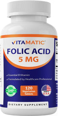 Vitamatic Folic Acid 5mg (5000 mcg) – 120 Vegetarian Tablets High Potency Vitamin B9 (Folate) for Cellular Health