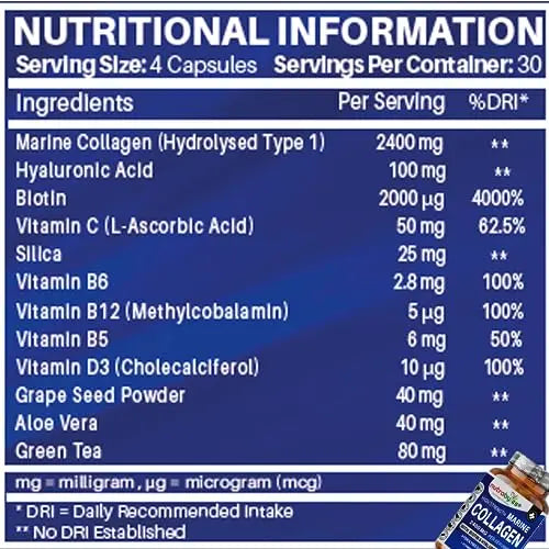 High Strength Marine Collagen 2400mg with Hyaluronic Acid 100mg, Biotin, Vitamin C, D3, B12 and Silica NUTRABYTES Au supplements