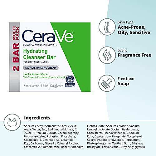 CeraVe Hydrating Cleanser Bar, Soap-Free Body and Facial Cleanser with 5% Moisturizing Cream, Fragrance-Free, 2-Pack, 4.5 Ounce Each