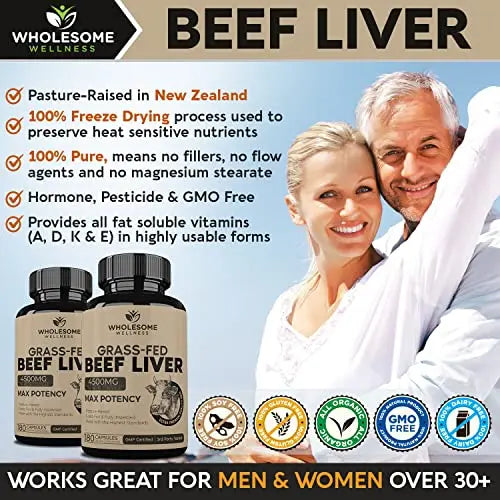 Grass Fed Desiccated Beef Liver Capsules (180 Pills, 750mg Each) - Natural Iron, Vitamin A Wholesome Wellness Au supplements
