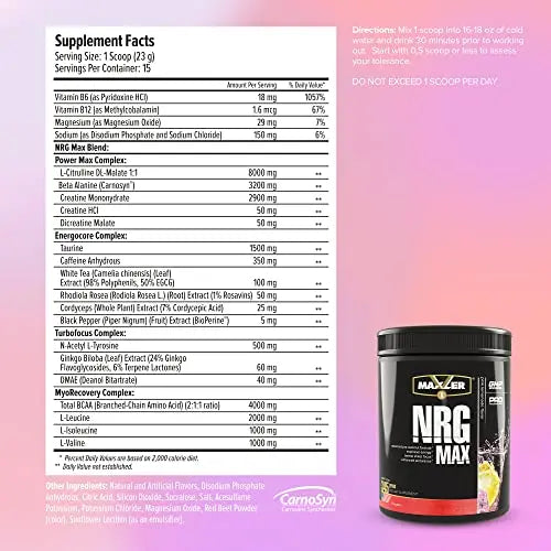 Maxler NRG MAX Pre Workout Powder with Taurine, L Citrulline Malate, Beta Alanine Creatine Maxler Au supplements