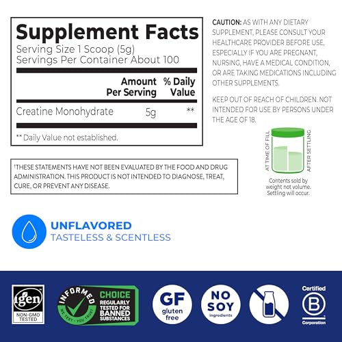 Orgain Creatine Monohydrate Micronized Powder, 100 Servings, Unflavored, Supports Muscle Growth, Post Workout Recovery and Brain Health, No Artificial Additives