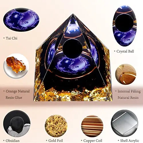 Yin Yang Healing Crystal Orgonite Pyramid - Tai Chi with Obsidian Ball - Taiji Reiki Chakra Meditation FENGSHUI-CAISHEN Au supplements