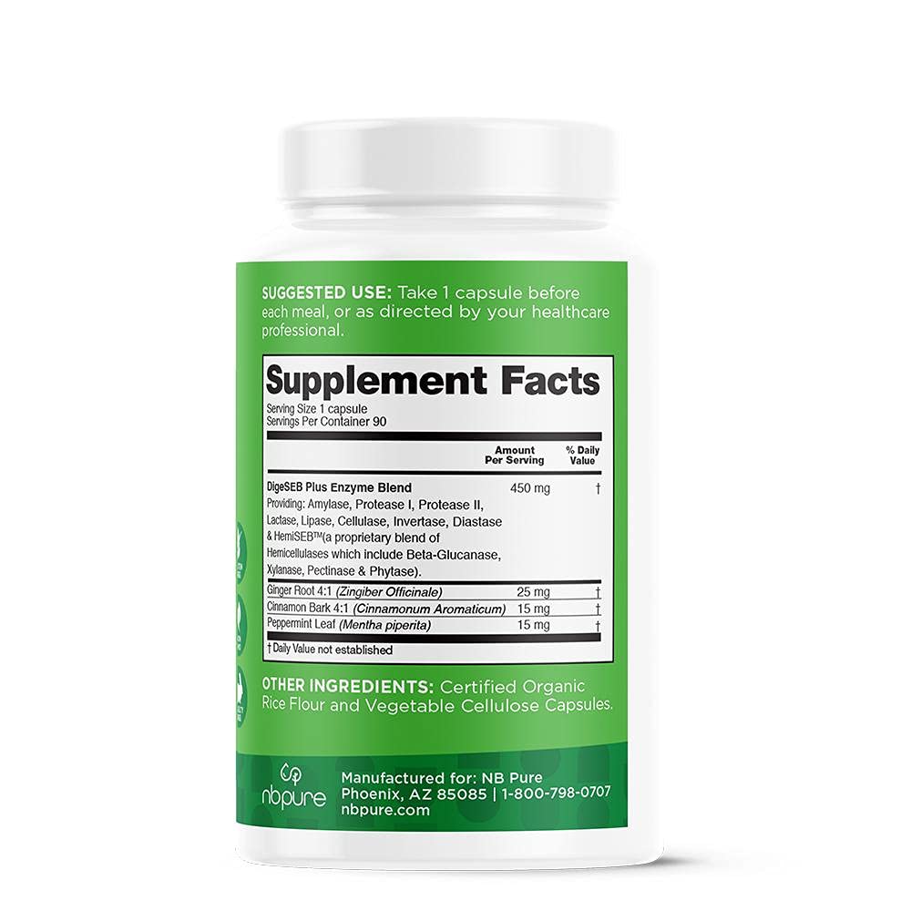 nbpure Vegan Digestive Enzyme Complex – Daily Bloating, Gas, & Food Digestive Support for Women & Men – 12 Enzymes & 3 Herbs – Lactase, Protease, Lipase