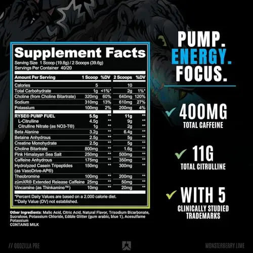 Ryse Noel Deyzel x Godzilla Pre Workout | Intense Pumps, Energy, & Focus | Citrulline & Beta RYSE Up Supplements Au supplements