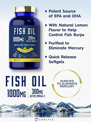 Fish Oil 1000mg | 300mg Omega 3 | 250 Count | Non-GMO and Gluten Free Supplement Carlyle Au supplements