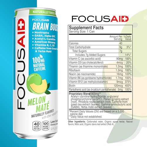 FOCUSAID Energy Blend, Brain Boosting Nootropics Drink, Alpha-GPC, GABA, B-Complex, Yerba Mate, Green Tea, 100% Clean, 100mg Natural Caffeine, 12-oz. can, 12 Pack LIFEAID Au supplements