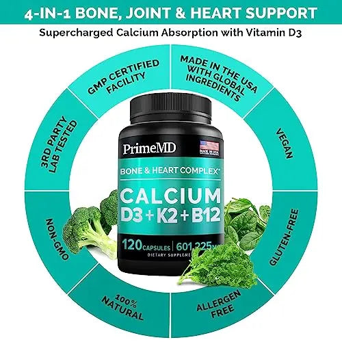 Calcium 600mg, Vitamin D3 K2 B12 Supplement - For Heart, Bone & Immune Support PrimeMD Au supplements