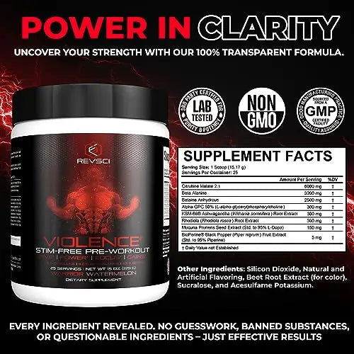VIOLENCE Stim Free Pre Workout Powder by REVSCI, Precision Dosed Non Stim Preworkout Revolution Science Au supplements