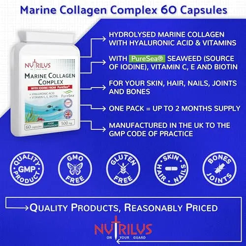 Marine Collagen Complex 60 Capsules 500mg with PureSea Seaweed Providing Iodine Nutrilus Au supplements