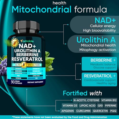 Adndale NAD Supplement. Longevity Formula with Liposomal NAD+, Trans Resveratrol, Urolithin-A, Berberine, CoQ10. NMN Supplement Alternative. 90 Count Adndale Au supplements