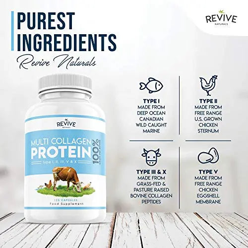 Multi Collagen Protein Capsules - Types I, II, III, V & X - Hydrolysed Grass Fed Bovine, Wild Caught Marine Revive Naturals Au supplements