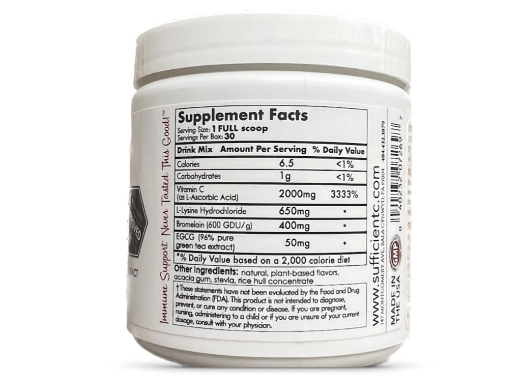 Sufficient-C High Dose Non-GMO Vitamin C Lemon Peach Immune-Ade Drink Mix, Convenient 125 Gram Size w/L-lysine, Bromelain & a Premium 96% Pure Green Tea Extract