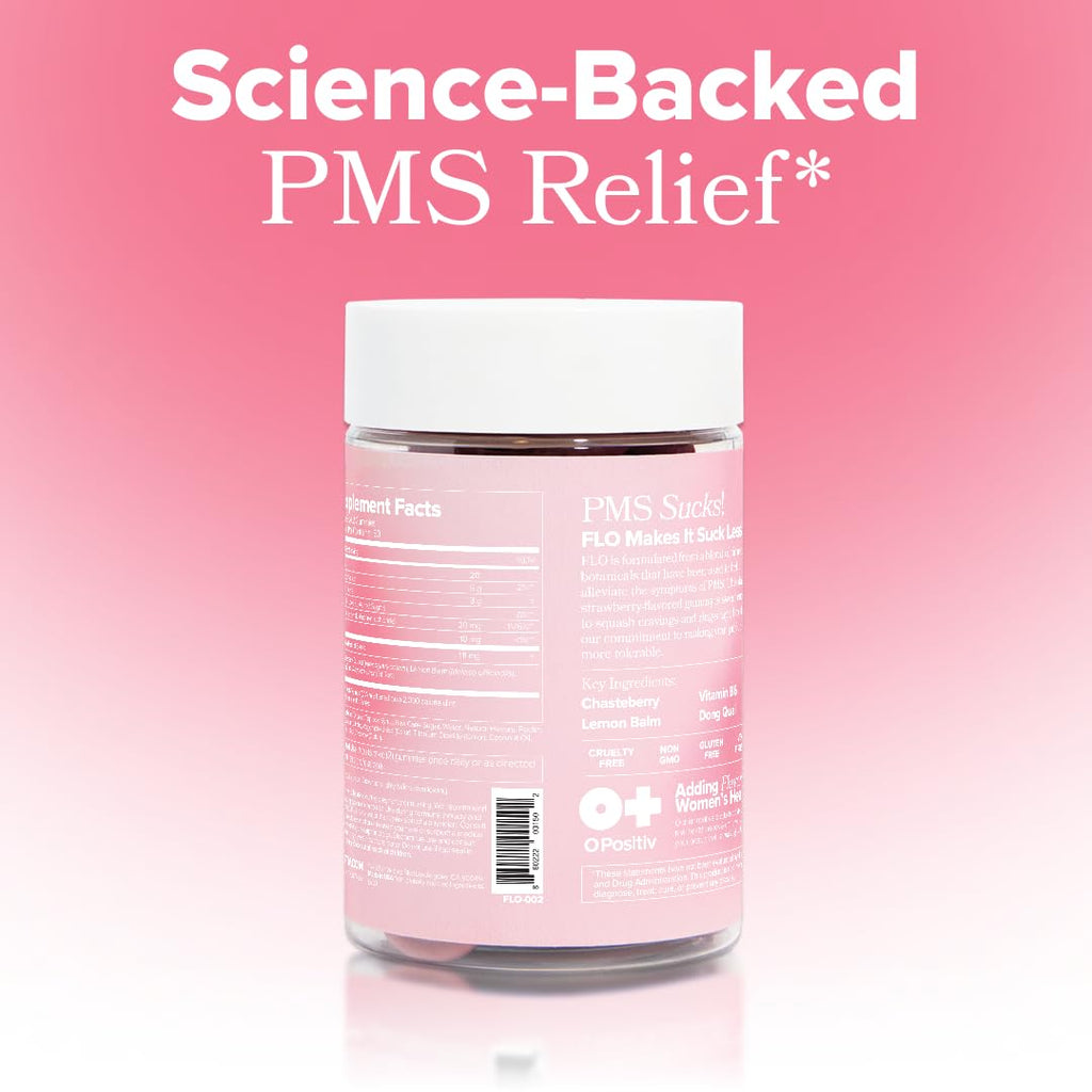 O Positiv FLO PMS Gummies for Women - Proactive PMS Relief - Targets Hormonal Breakouts, Bloating, Cramps, & Mood Swings with Chasteberry