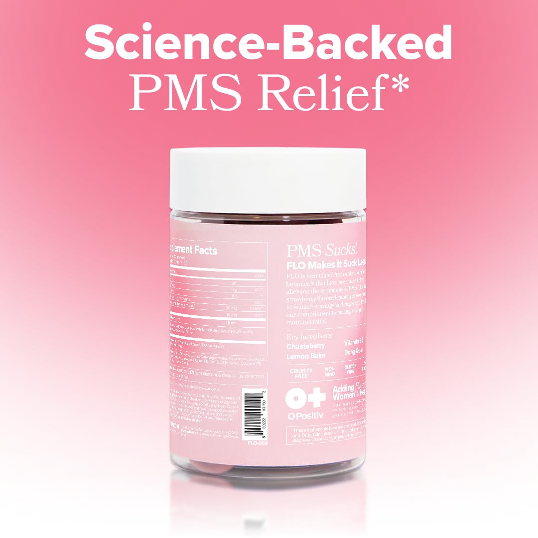 O Positiv FLO PMS Gummies for Women - Proactive PMS Relief - Targets Hormonal Breakouts, Bloating, Cramps, & Mood Swings with Chasteberry