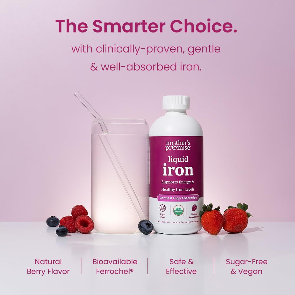 Organic Liquid Iron Supplement for Women, Men & Kids with Vitamin C | Sugar Free Natural Berry Flavor Non Constipating Vegan Ferrochel