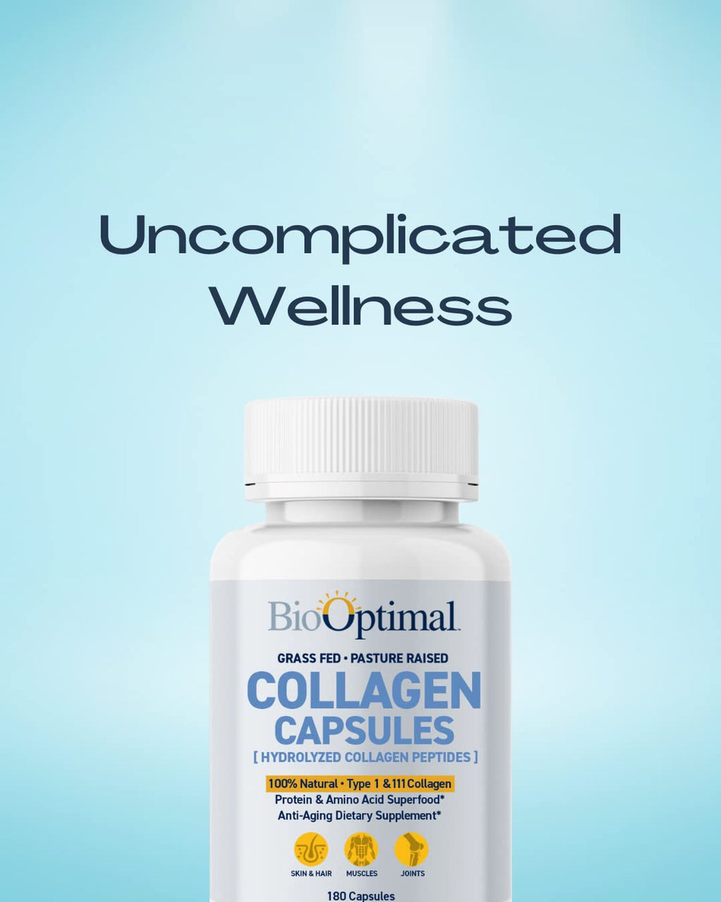 BioOptimal Collagen Peptides Capsules - Grass-Fed, Pasture-Raised Hydrolyzed Protein S]n-GMO, Zero Sugar Daily Pills for Men & Women (180 Capsules)