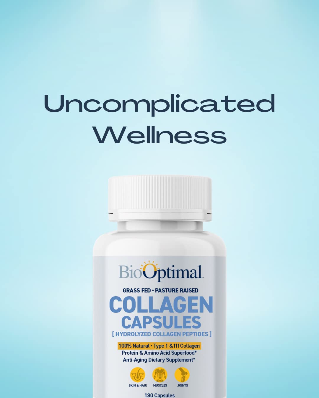BioOptimal Collagen Peptides Capsules - Grass-Fed, Pasture-Raised Hydrolyzed Protein S]n-GMO, Zero Sugar Daily Pills for Men & Women (180 Capsules)