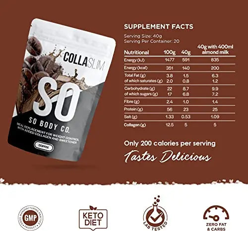 CollaSlim, Meal Replacement Shake with Added Collagen, Vitamins and Minerals, 800g, Balanced Meal Shake, Healthy Shake, Coffee Diet Shake. So Body Co Au supplements