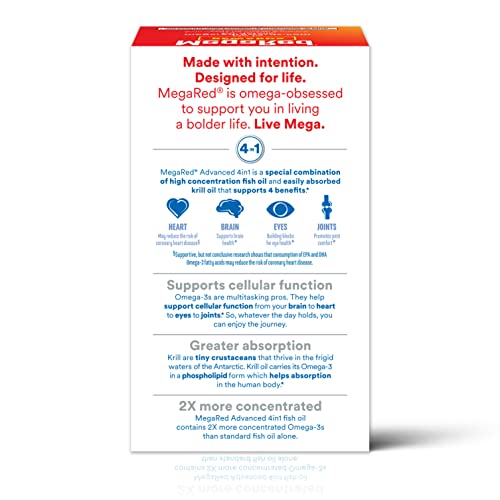 Megared Omega-3 Fish Oil + High Absorption Krill Oil 500mg Softgels, MegaRed Advanced 4in1 (80 count in a bottle) Concentrated Omega-3 Fish