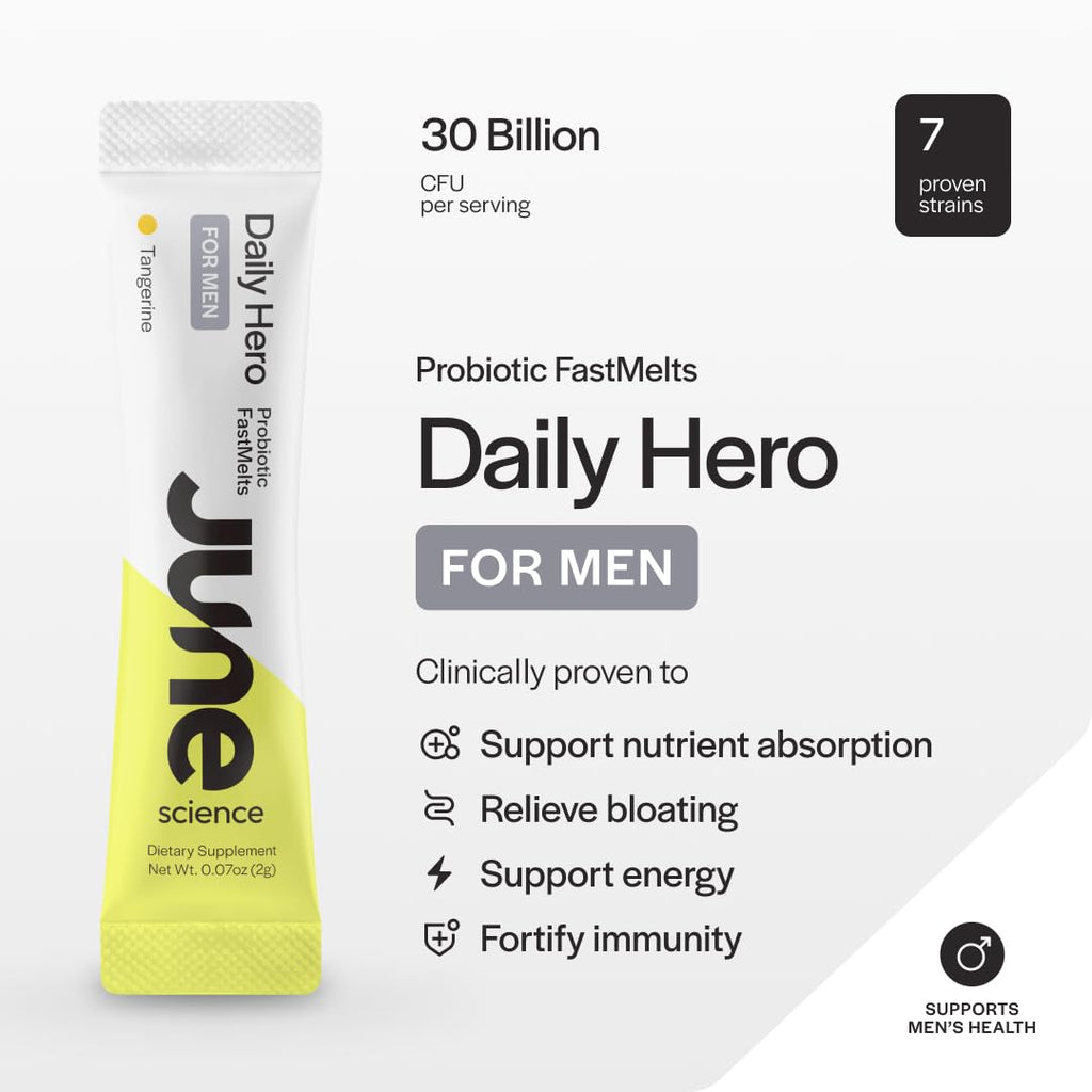 June Science Daily Hero for Men | Fast Melt Pre + Probiotic for Men - Tangerine Flavor, 30 Powder Sachets