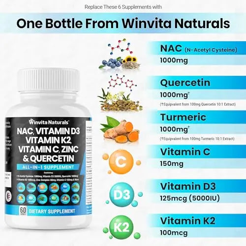 NAC Supplement N-Acetyl Cysteine 1000mg Vitamin C Vitamin D3 K2, Zinc, Turmeric Curcumin Winvita Naturals Au supplements