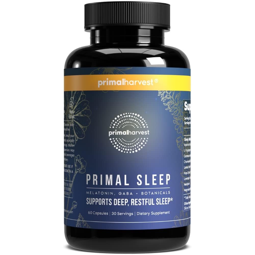 Primal Harvest Primal Sleep Support Supplement for Adults with Melatonin, GABA, Valerian Root, L-Tryptophan, Magnesium Bisglycinate Chelate