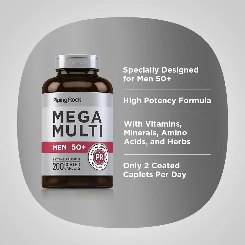 Piping Rock Multivitamin for Men Over 50+ | 200 Caplets | Mega 50 Plus Daily Multimineral | with Magnesium, Calcium, Zinc | Piping Rock Au supplements