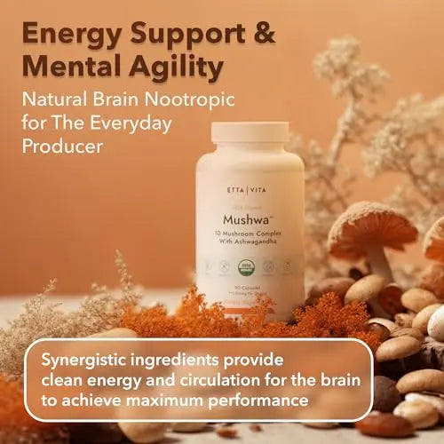USDA Organic Lions Mane Supplement Capsules with Ashwagandha, Chaga, Reishi, Cordyceps Etta Vita Au supplements