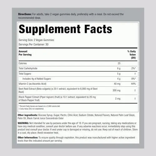 Beet Root Gummies | 60 Count | with Nitrates and Black Pepper Extract | Nitric Oxide Piping Rock Au supplements