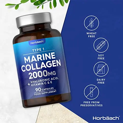 Marine Collagen Capsules | with Hyaluronic Acid, Vitamin C & E | 2000mg | High Strength Type 1 Collagen Horbäach Au supplements