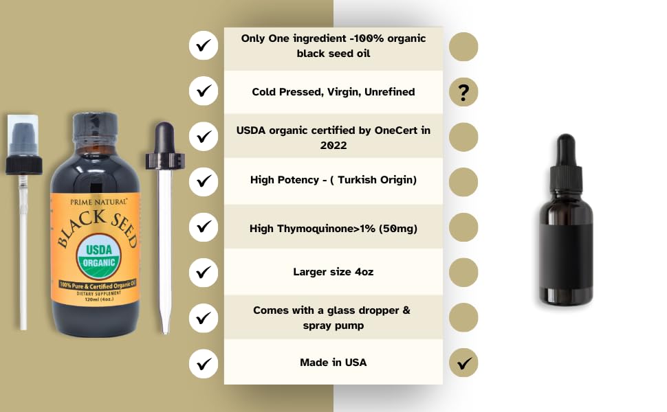Prime Natural Organic Black Seed Oil 4oz - Cold Pressed Unrefined High Thymoquinone 1.7% USDA Certified - Turkish Origin Potent Nigella Sativa Liquid