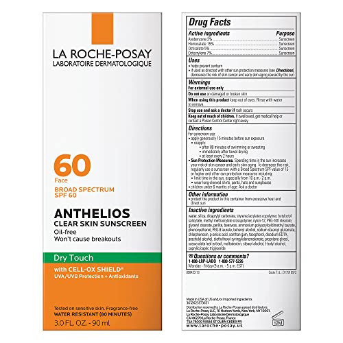 La Roche-Posay Anthelios Clear Skin Sunscreen Dry Touch SPF 60, Oil Free Sunscreen For Face, Oil Absorbing, Broad Spectrum SPF